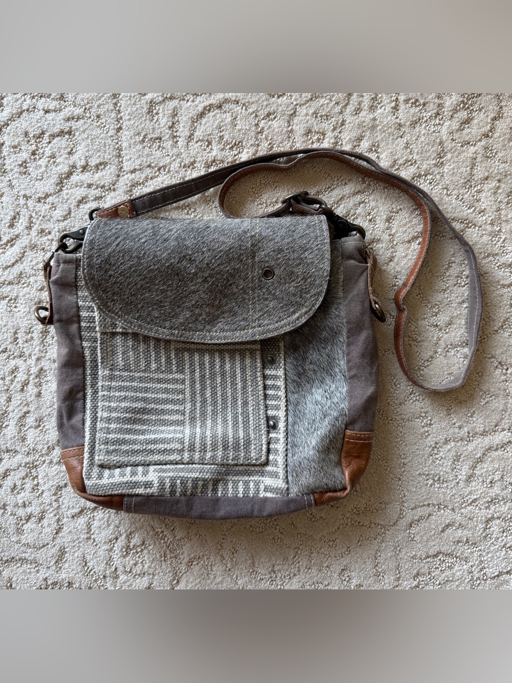 Myra Heavy-Duty Boho Gray Real Cowhide Crossbody Bag Western Style